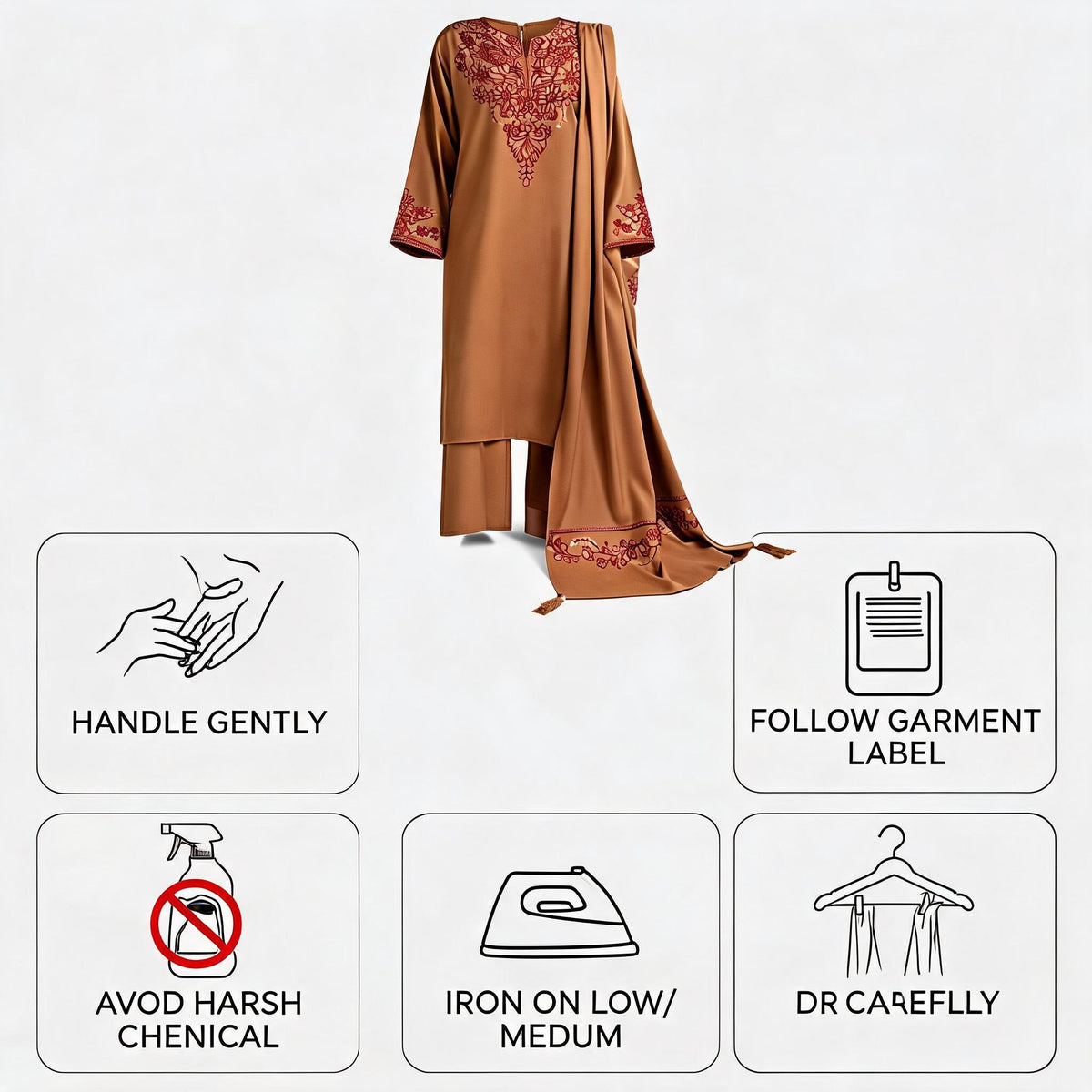 Elegant Mocha Brown Embroidered 3-Piece Winter Suit