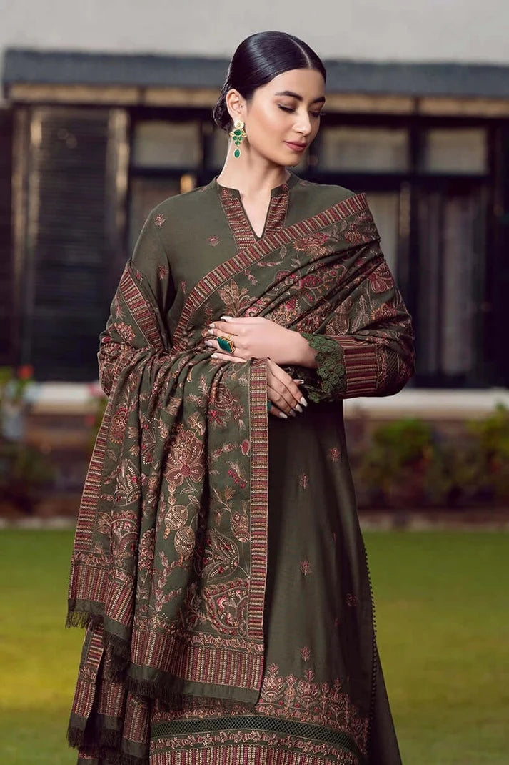 Belliza Fashion Heavy Embroidered Dhanak 3 Piece Suit with Fully Embroidered Shawl