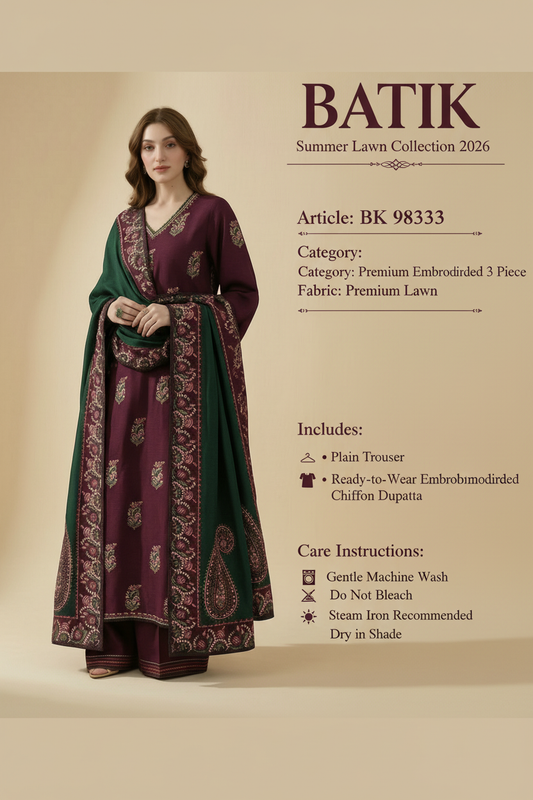 Belliza Fashion Premium Summer Lawn Collection 2026 Embroidered 3 Piece Suit with Ready-to-Wear Chiffon Dupatta | BK 98333