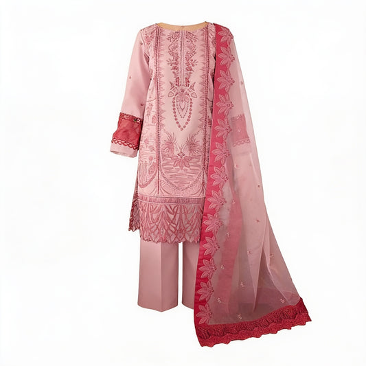 Belliza Fashion Pink Paradise Embroidered Dobby Lawn 3 Piece Suit