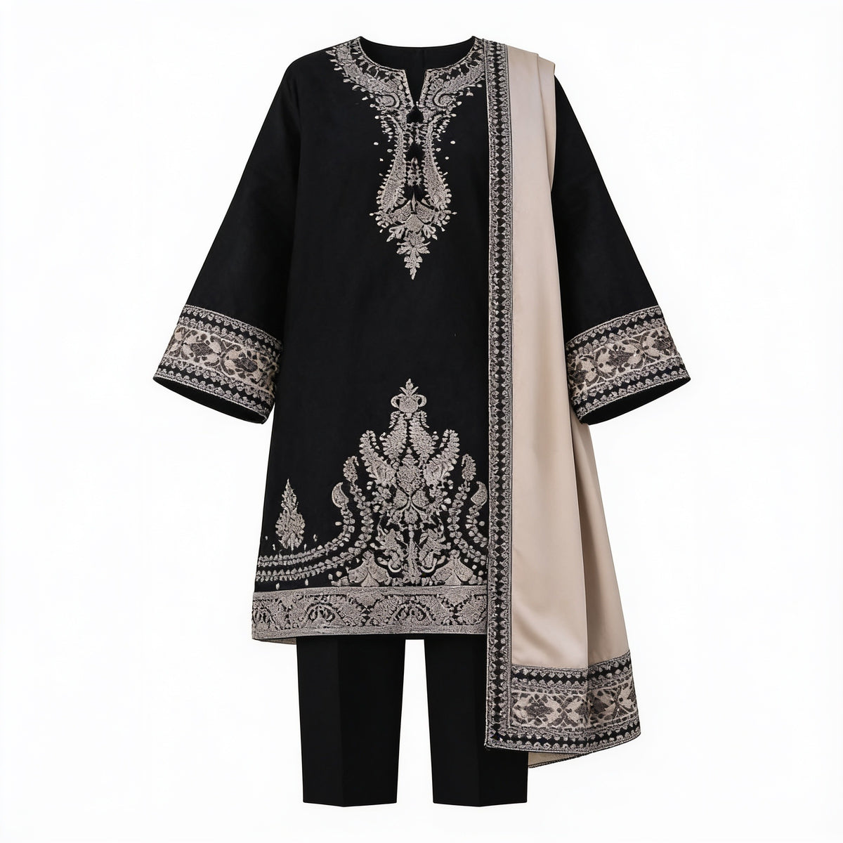 Belliza Fashion Black Embroidered 3 Piece Suit with Beige Shawl