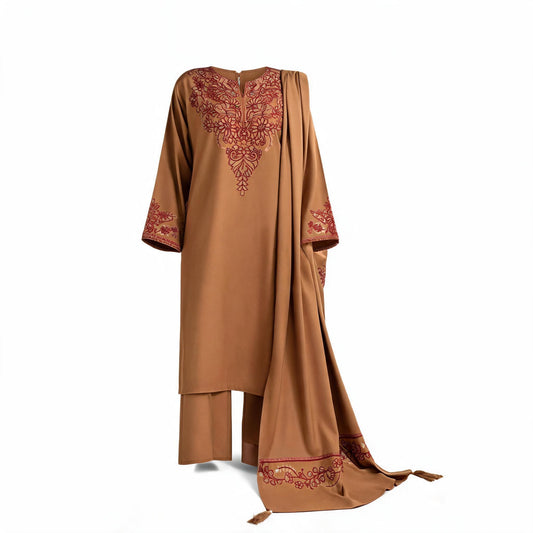 Elegant Mocha Brown Embroidered 3-Piece Winter Suit