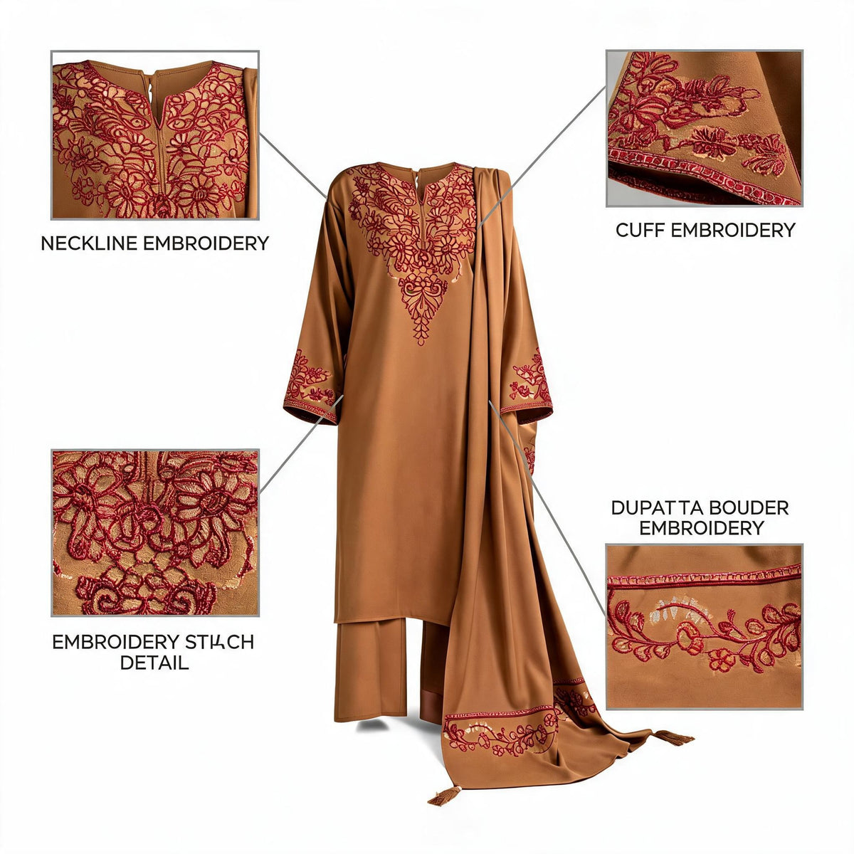 Elegant Mocha Brown Embroidered 3-Piece Winter Suit