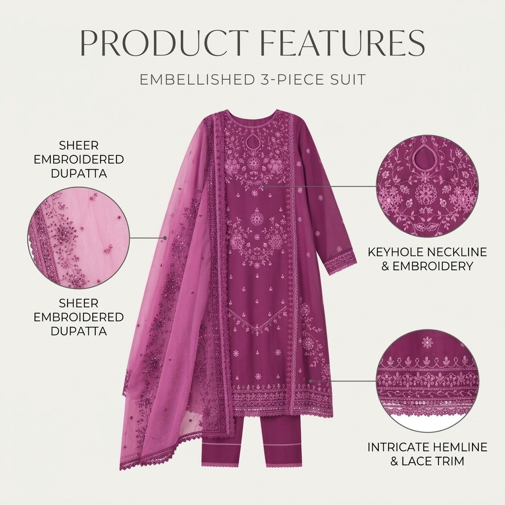 Belliza Fashion Bristol Mauve Embroidered Lawn 3 Piece Suit