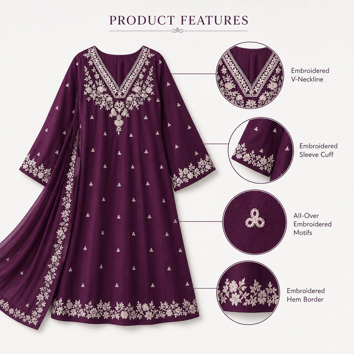 Belliza Fashion Dyot Embroidered Lawn 3 Piece Suit with Chiffon Dupatta