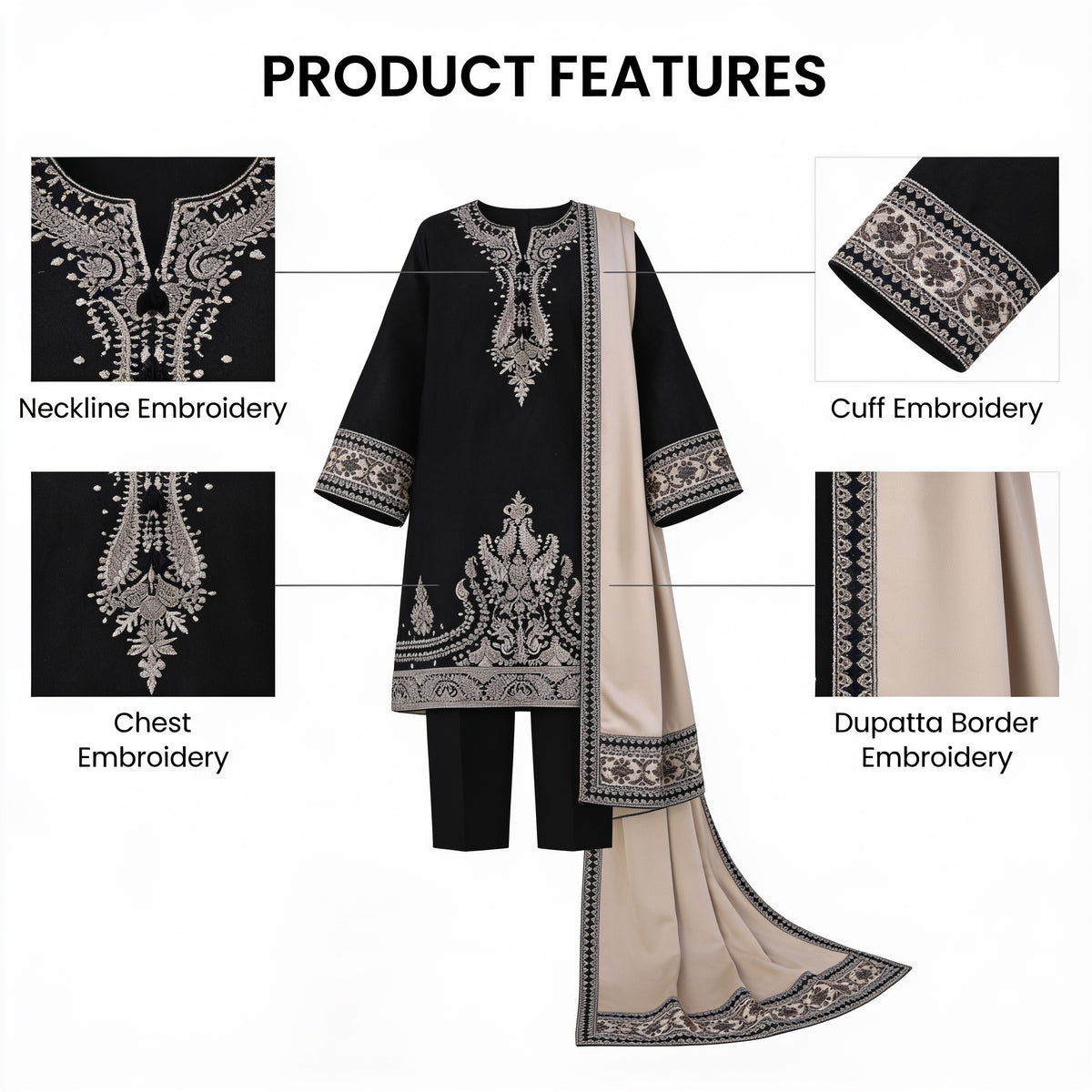 Belliza Fashion Black Embroidered 3 Piece Suit with Beige Shawl