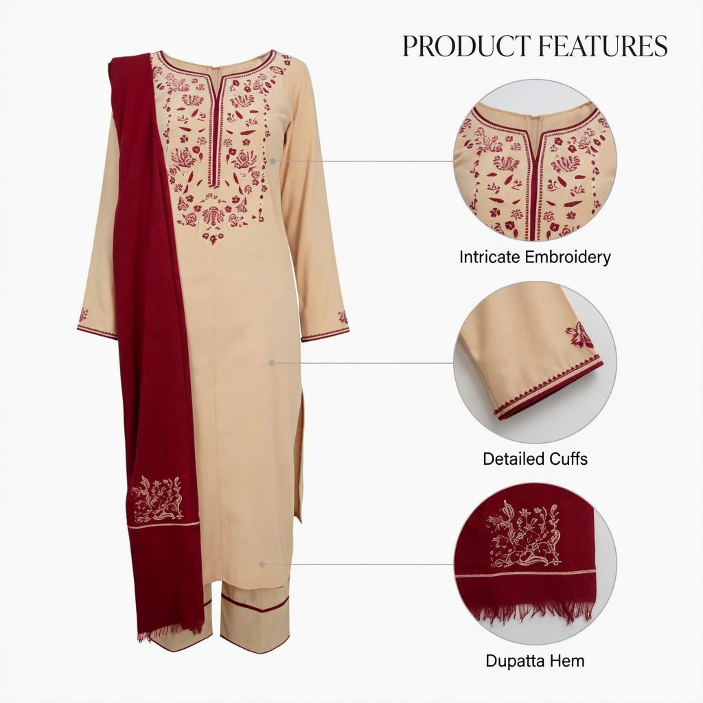 Belliza Fashion Natural Beige Embroidered 3 Piece Winter Suit