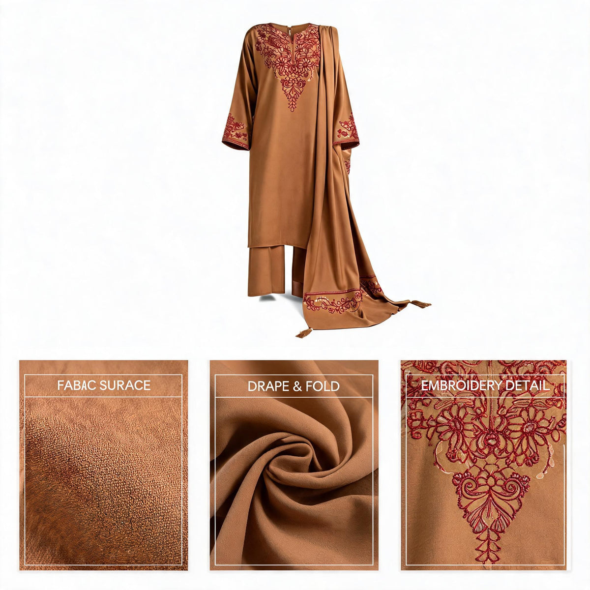 Elegant Mocha Brown Embroidered 3-Piece Winter Suit