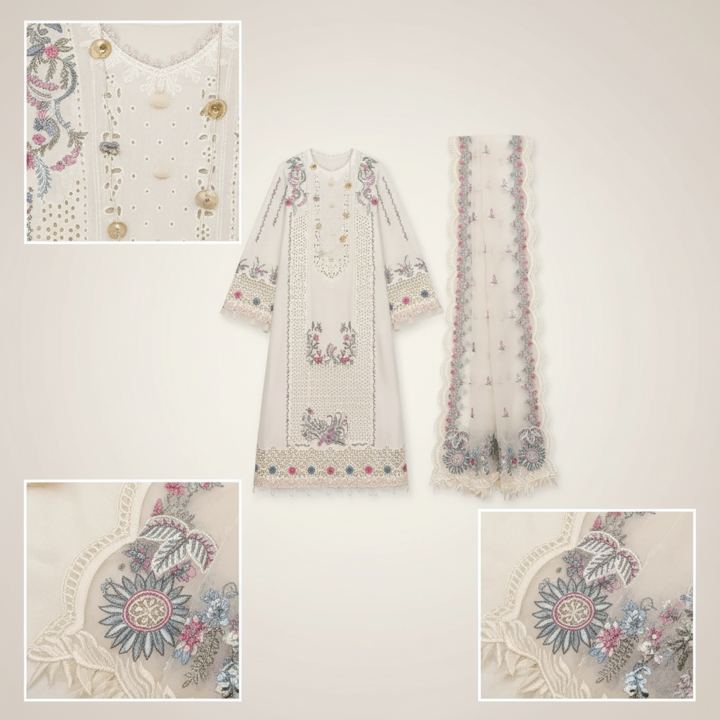 Belliza Fashion FP-09 Selin Luxury Chicken Kari Embroidered Lawn 3 Piece Suit