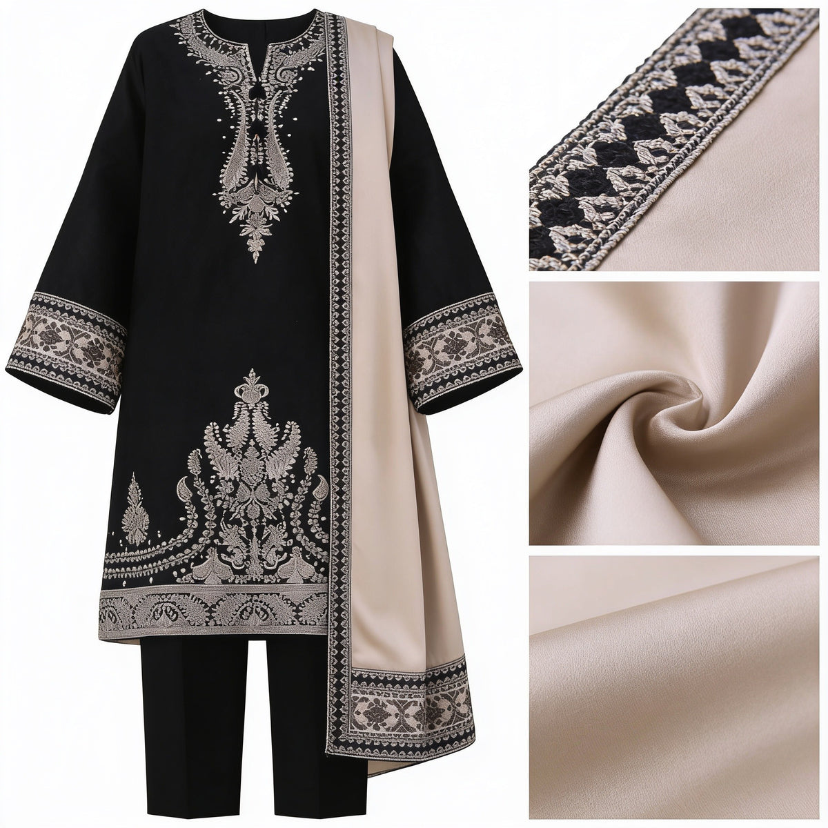 Belliza Fashion Black Embroidered 3 Piece Suit with Beige Shawl