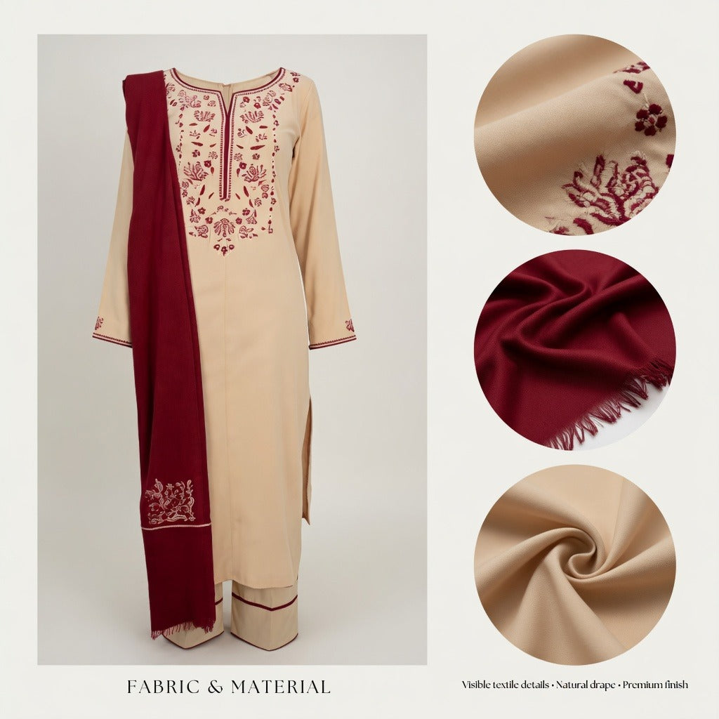 Belliza Fashion Natural Beige Embroidered 3 Piece Winter Suit