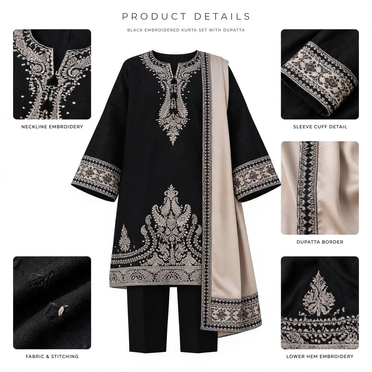 Belliza Fashion Black Embroidered 3 Piece Suit with Beige Shawl