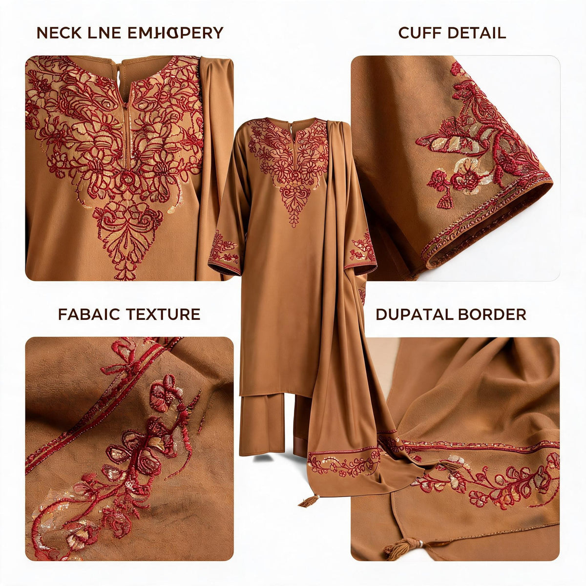 Elegant Mocha Brown Embroidered 3-Piece Winter Suit
