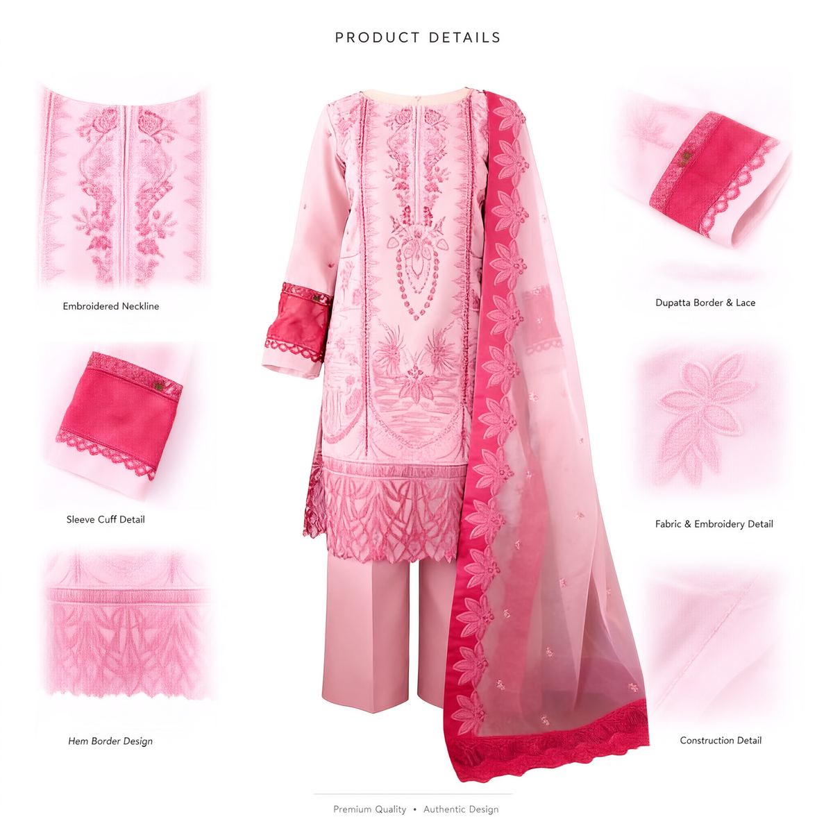 Belliza Fashion Pink Paradise Embroidered Dobby Lawn 3 Piece Suit