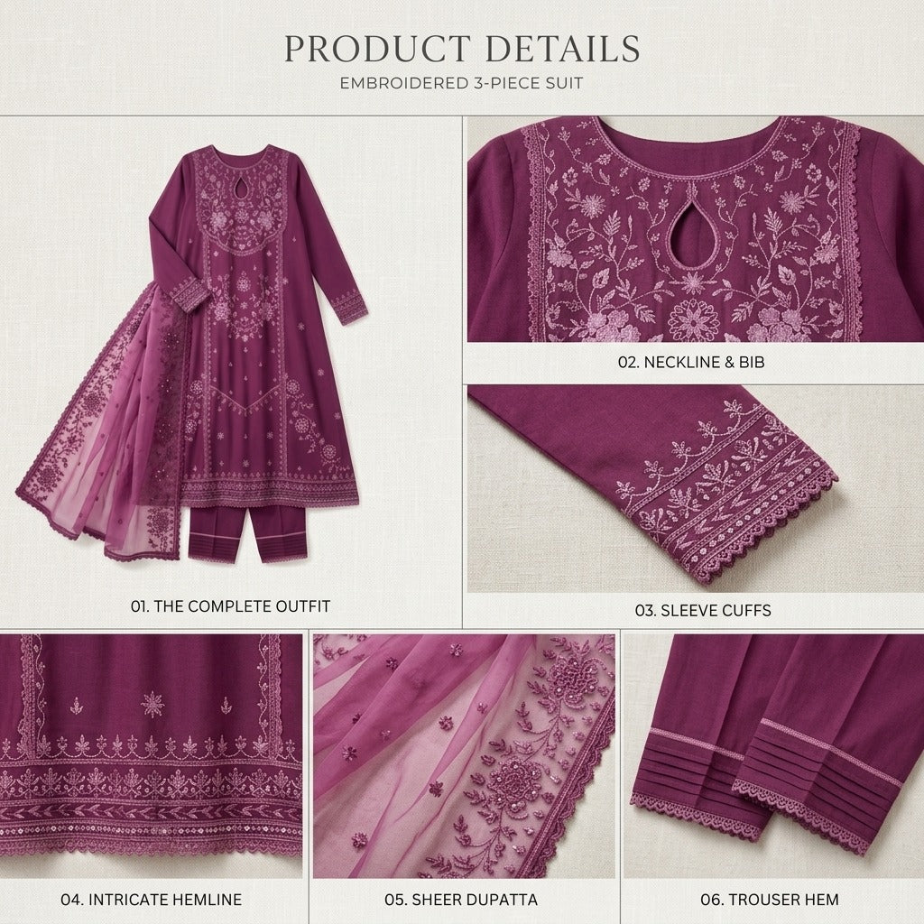 Belliza Fashion Bristol Mauve Embroidered Lawn 3 Piece Suit