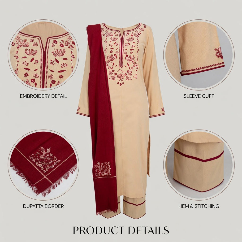 Belliza Fashion Natural Beige Embroidered 3 Piece Winter Suit
