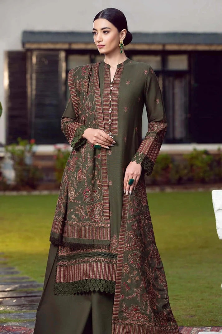 Belliza Fashion Heavy Embroidered Dhanak 3 Piece Suit with Fully Embroidered Shawl