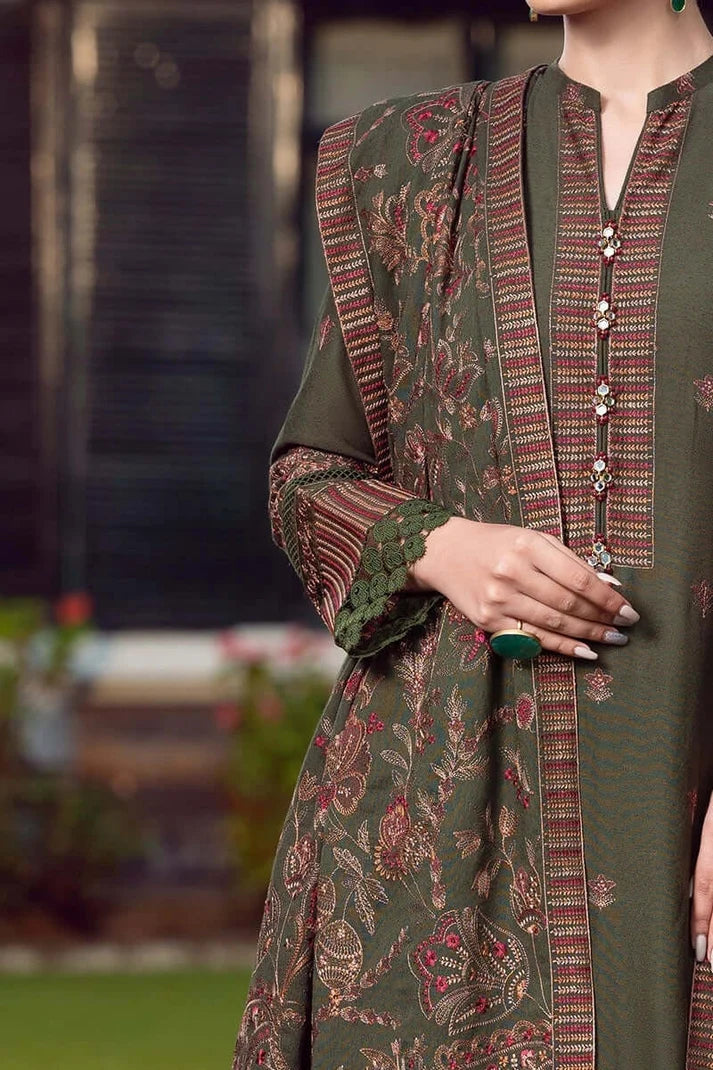 Belliza Fashion Heavy Embroidered Dhanak 3 Piece Suit with Fully Embroidered Shawl